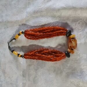 Amber,Beads And Silver Tone Vintage Statement Handmade Necklace
